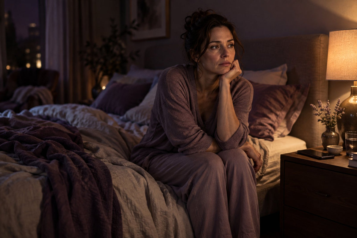 Woman sitting awake on the edge of her bed at night