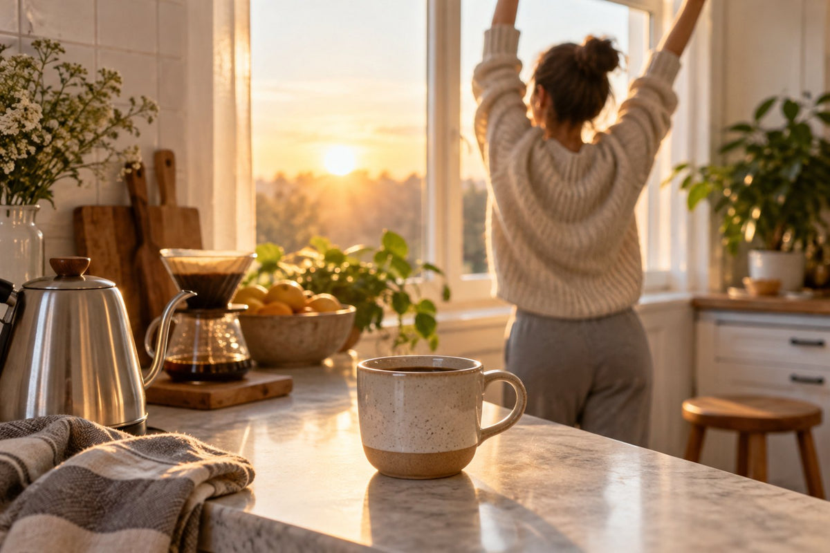 Morning kitchen with a coffee mug waiting by the window