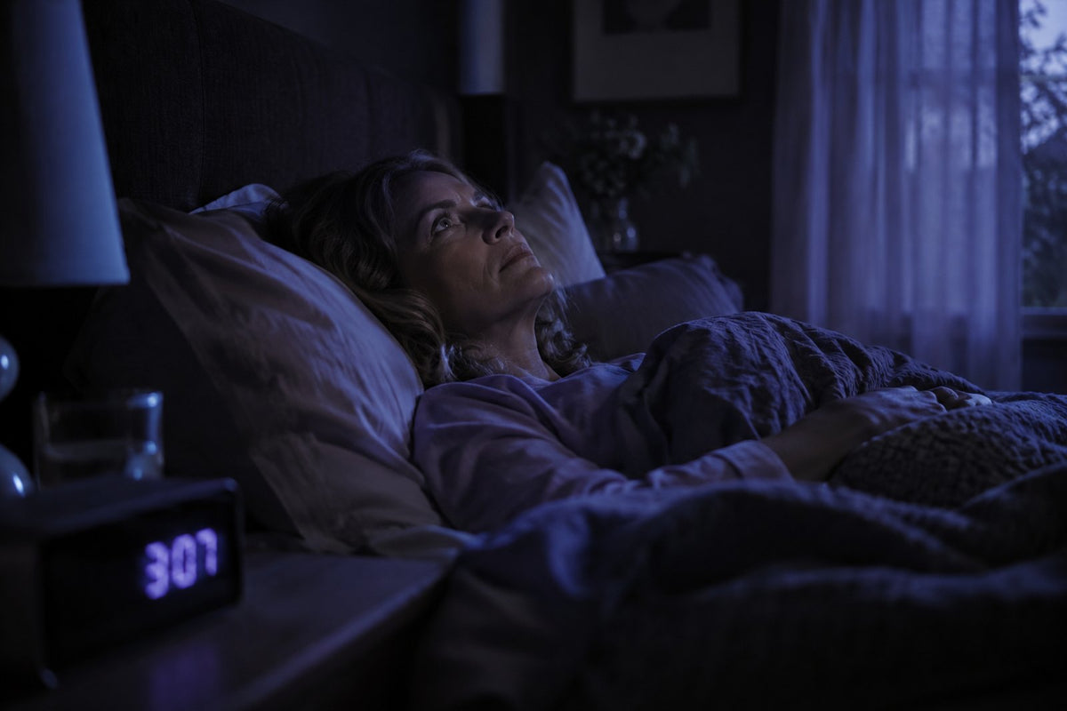 Woman awake in bed at 3am next to a glowing clock